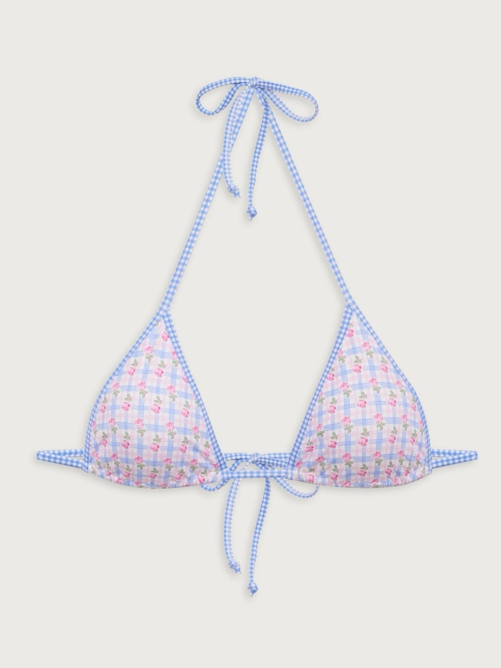 Frankie's Bikinis White Triangle Top with Blue Gingham Trim